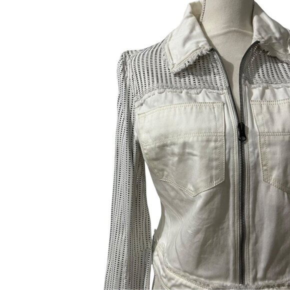Jakett Hayden White Perforated Leather& Twill Rocker Chic Bomber Jacket Size S‎ - Picture 2 of 9